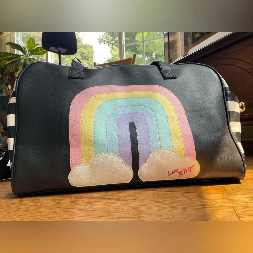 Betsey Johnson Black and White Striped Bag with Rainbow Design - Picture 2 of 13